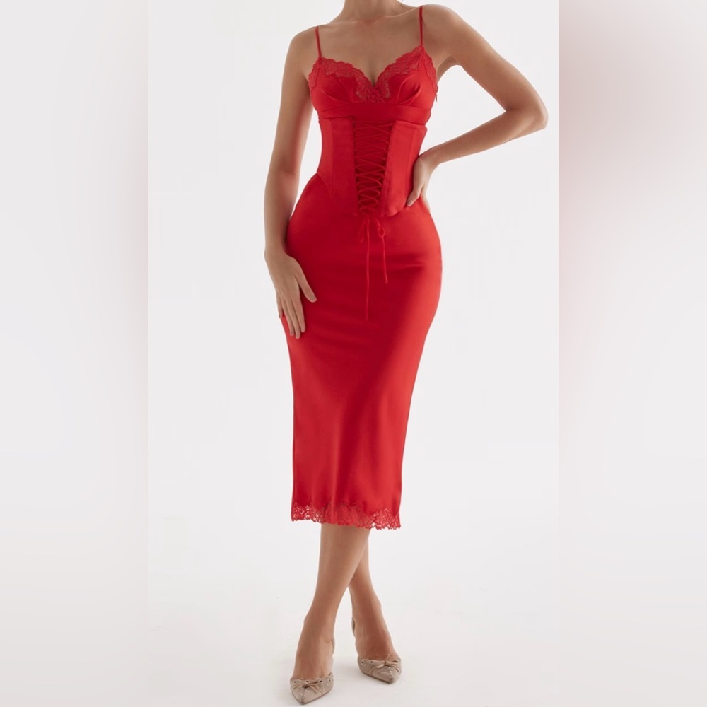 House of CB Red Lace-Trim Corset Midi Dress - Picture 6 of 8